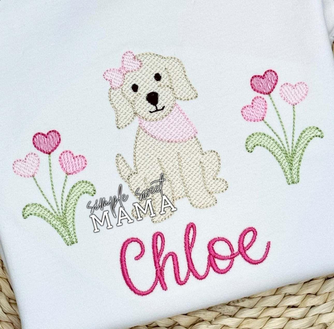 Pup with Heart Flowers